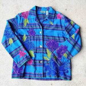 VINTAGE CHICO'S Blue Cotton Jacket With Silk Floral Appliqué S/8